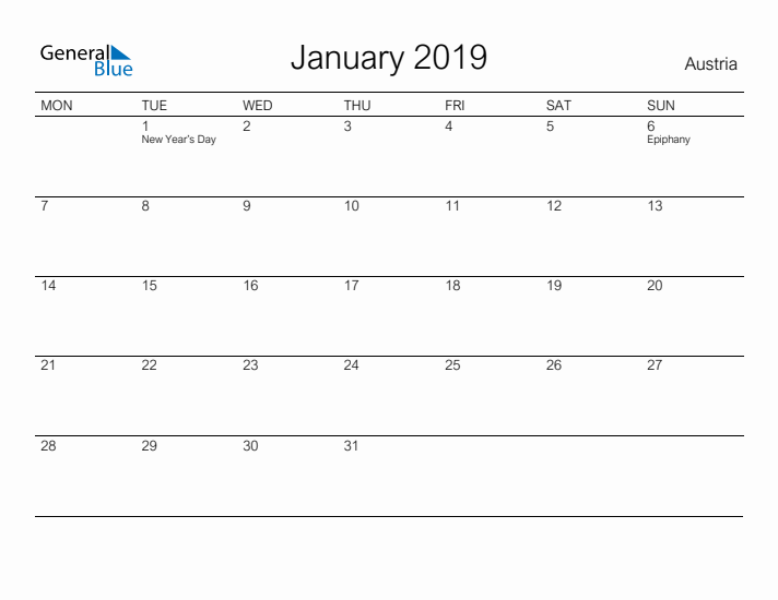 Printable January 2019 Calendar for Austria