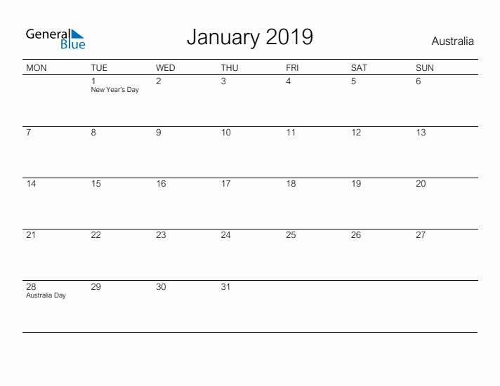 Printable January 2019 Calendar for Australia