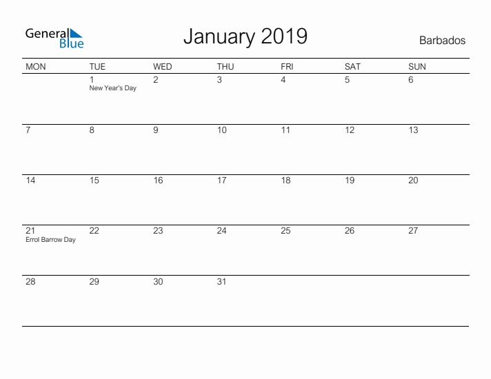 Printable January 2019 Calendar for Barbados