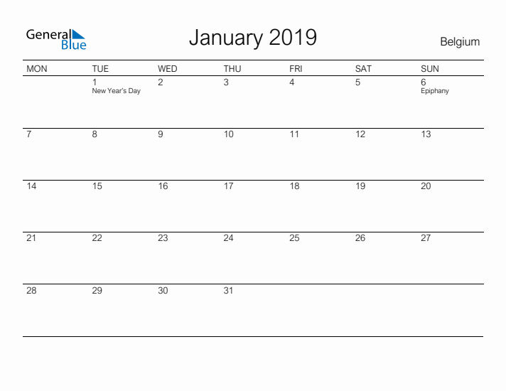 Printable January 2019 Calendar for Belgium