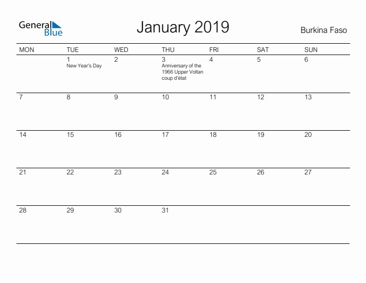 Printable January 2019 Calendar for Burkina Faso