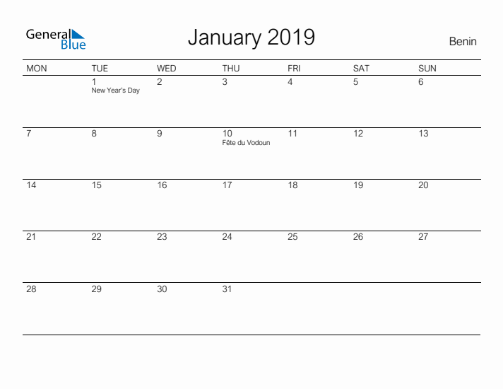 Printable January 2019 Calendar for Benin