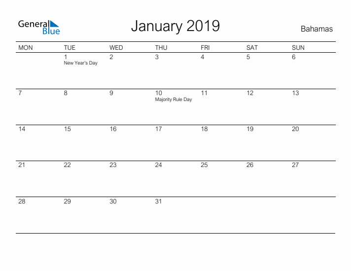Printable January 2019 Calendar for Bahamas