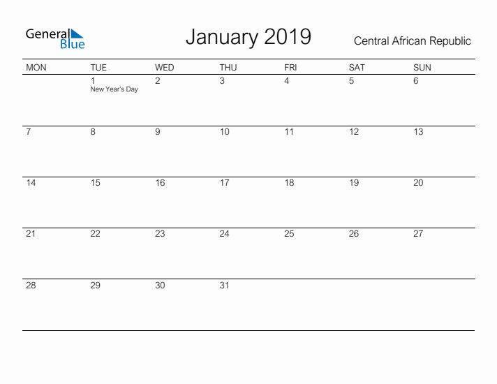Printable January 2019 Calendar for Central African Republic