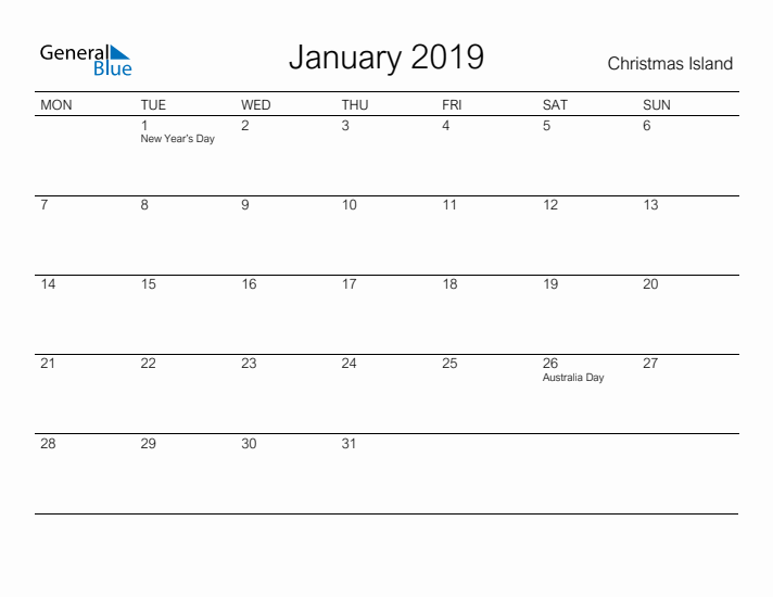 Printable January 2019 Calendar for Christmas Island