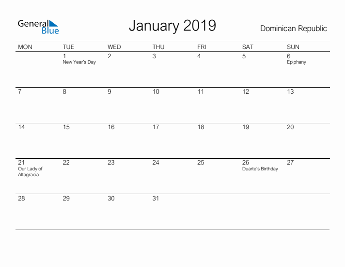 Printable January 2019 Calendar for Dominican Republic