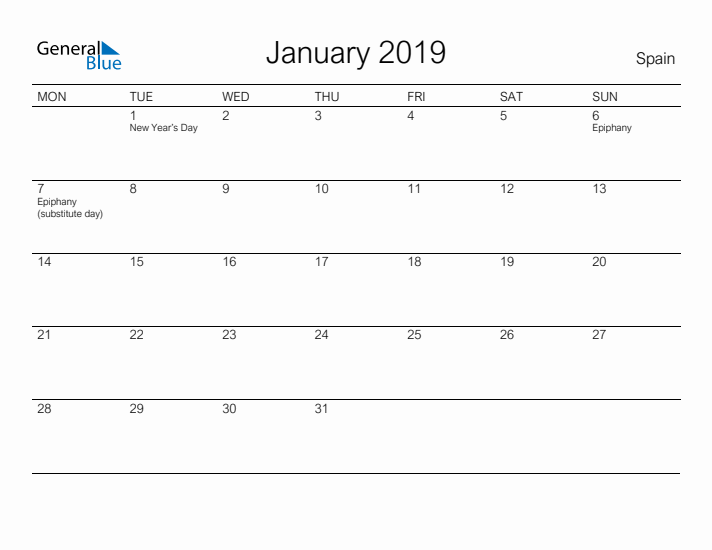 Printable January 2019 Calendar for Spain