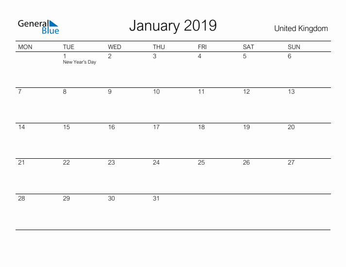 Printable January 2019 Calendar for United Kingdom