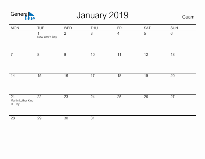 Printable January 2019 Calendar for Guam