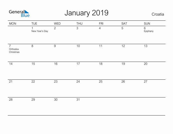 Printable January 2019 Calendar for Croatia