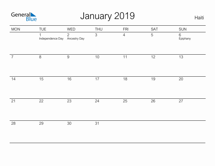 Printable January 2019 Calendar for Haiti