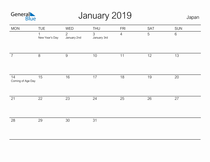 Printable January 2019 Calendar for Japan