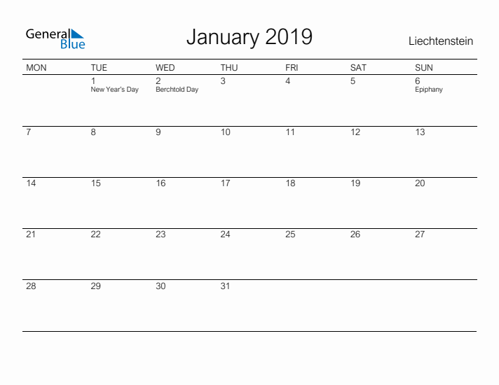 Printable January 2019 Calendar for Liechtenstein
