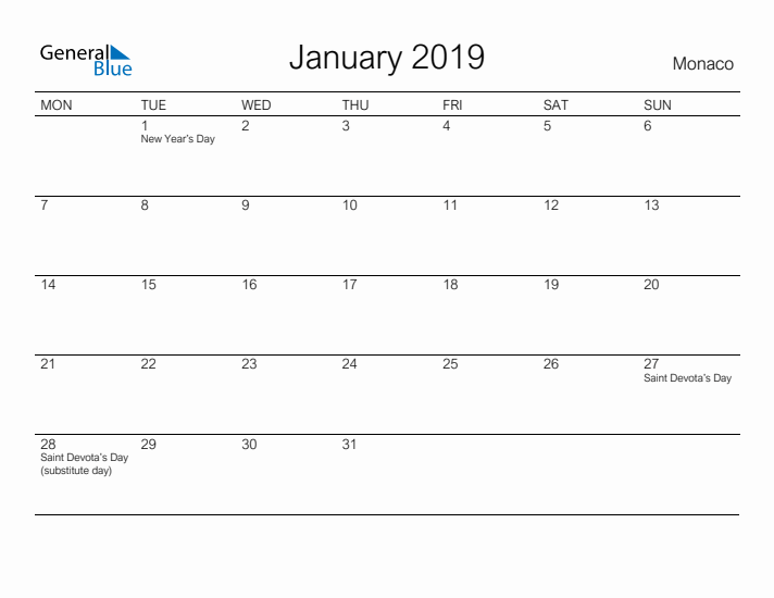 Printable January 2019 Calendar for Monaco