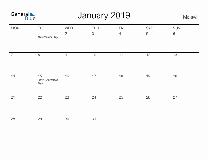 Printable January 2019 Calendar for Malawi