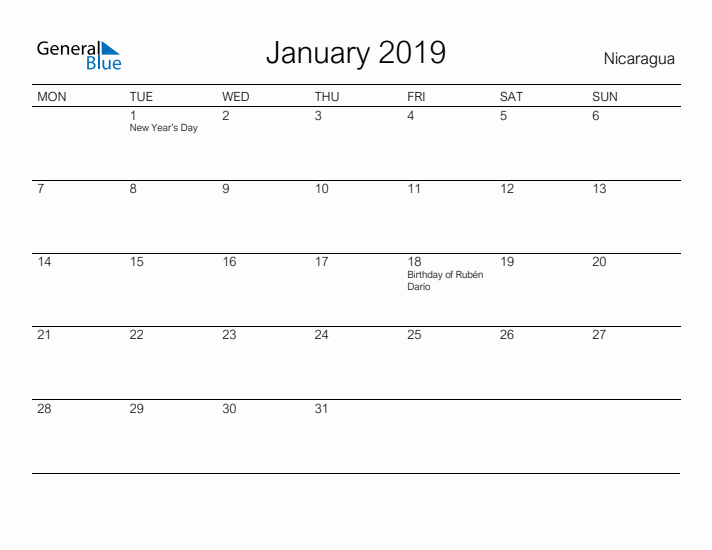 Printable January 2019 Calendar for Nicaragua