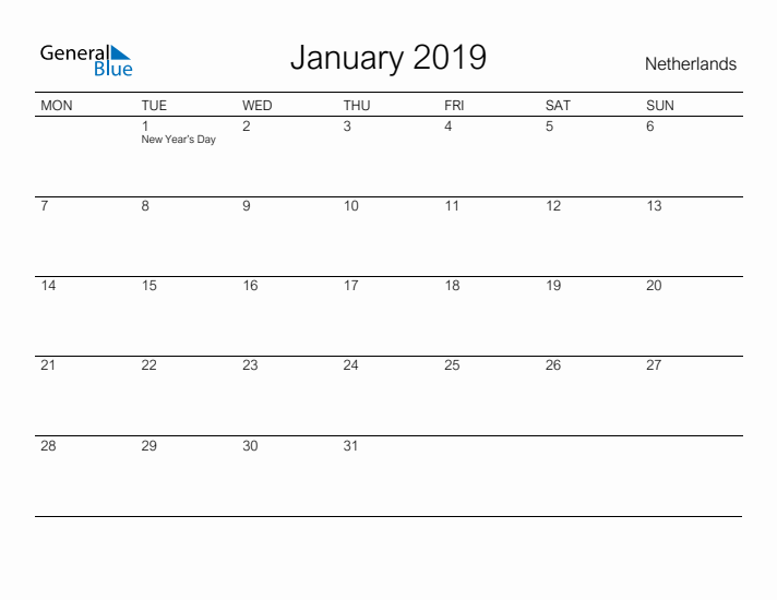 Printable January 2019 Calendar for The Netherlands