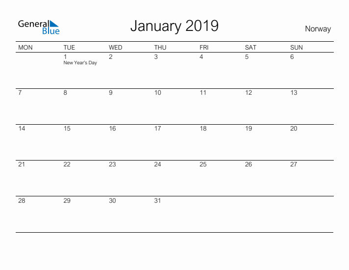 Printable January 2019 Calendar for Norway