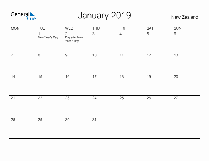 Printable January 2019 Calendar for New Zealand