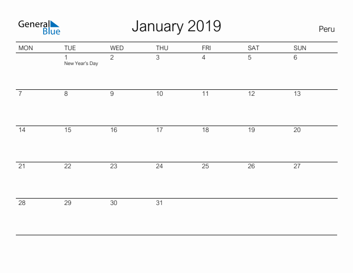 Printable January 2019 Calendar for Peru