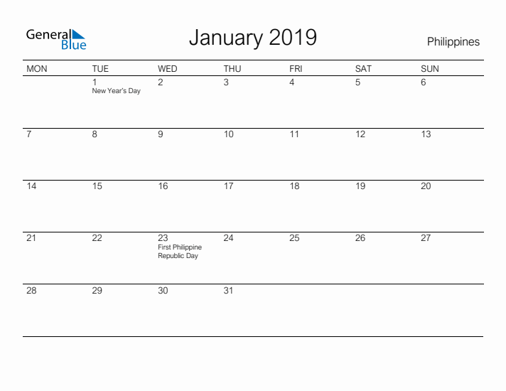 Printable January 2019 Calendar for Philippines