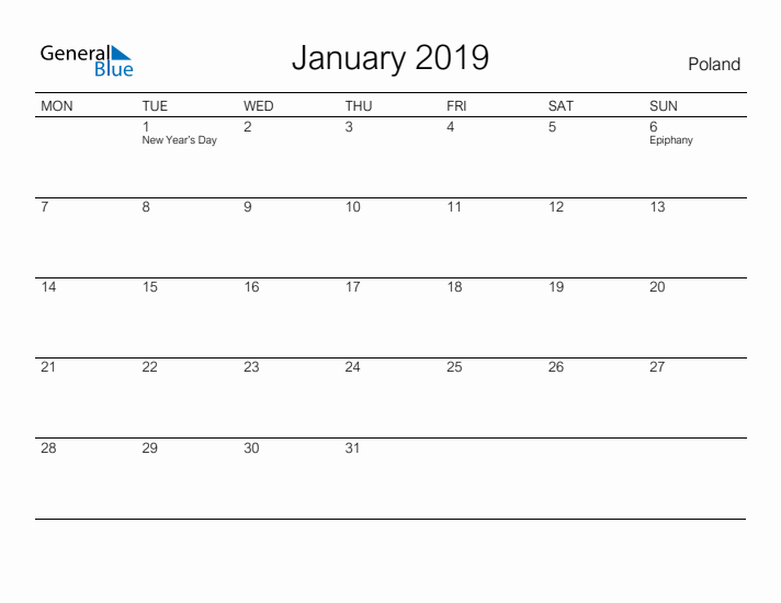 Printable January 2019 Calendar for Poland
