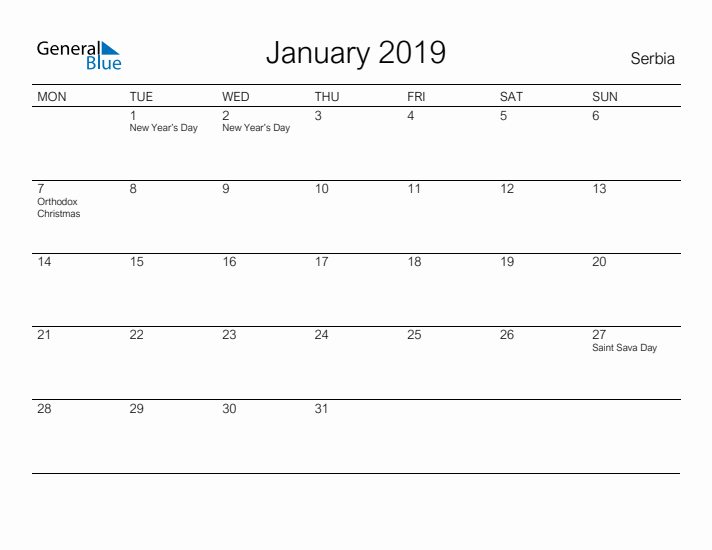 Printable January 2019 Calendar for Serbia