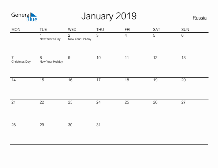 Printable January 2019 Calendar for Russia