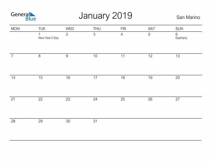 Printable January 2019 Calendar for San Marino