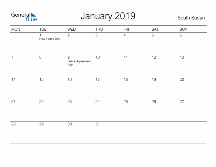Printable January 2019 Calendar for South Sudan