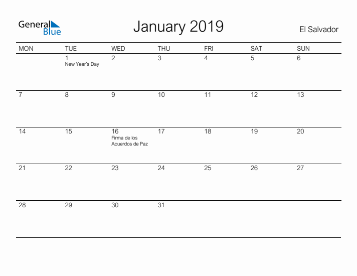 Printable January 2019 Calendar for El Salvador