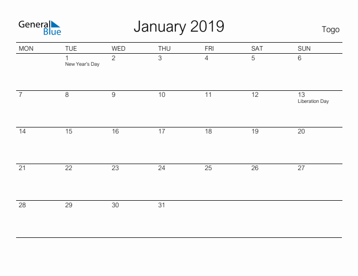 Printable January 2019 Calendar for Togo