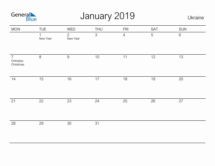 Printable January 2019 Calendar for Ukraine