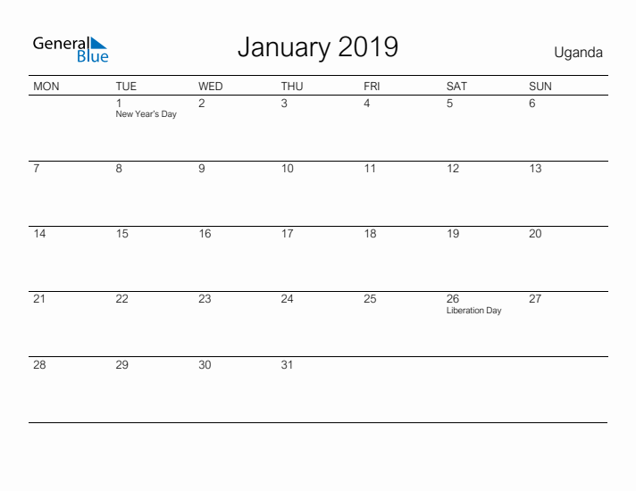 Printable January 2019 Calendar for Uganda