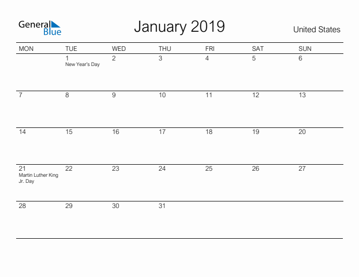 Printable January 2019 Calendar for United States