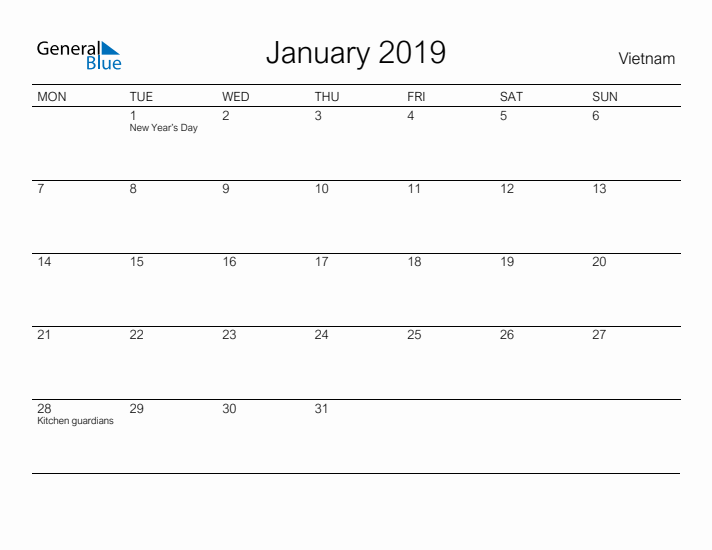 Printable January 2019 Calendar for Vietnam