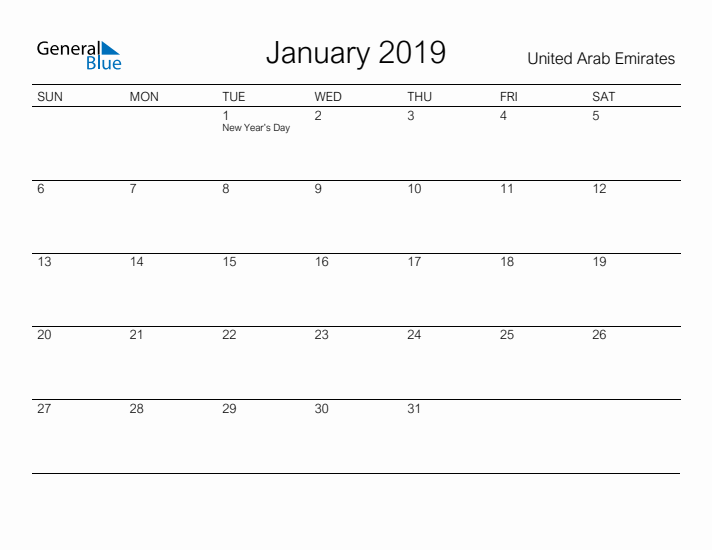 Printable January 2019 Calendar for United Arab Emirates