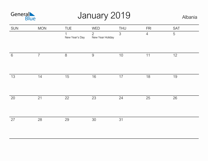 Printable January 2019 Calendar for Albania