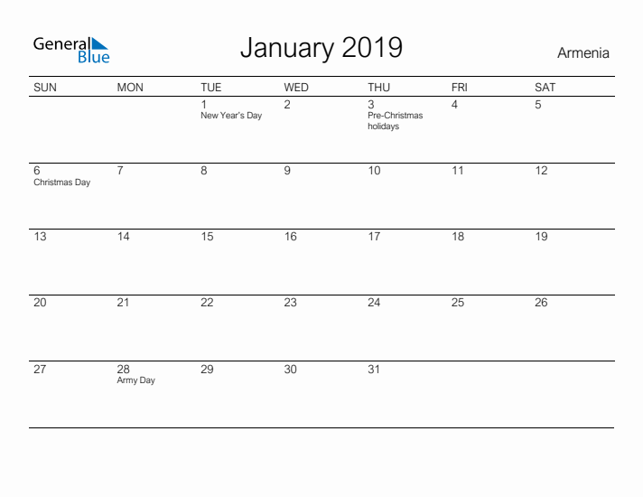 Printable January 2019 Calendar for Armenia