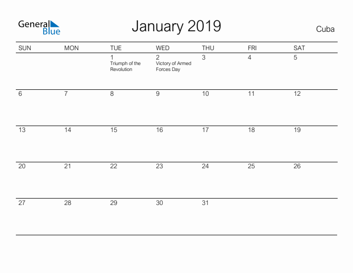 Printable January 2019 Calendar for Cuba