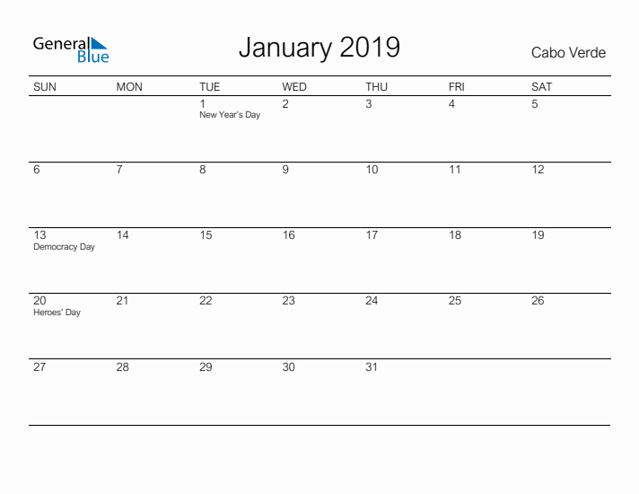 Printable January 2019 Calendar for Cabo Verde