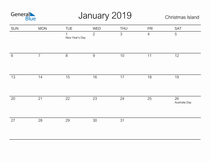 Printable January 2019 Calendar for Christmas Island