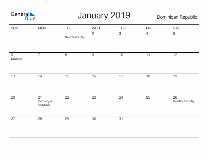 Printable January 2019 Calendar for Dominican Republic