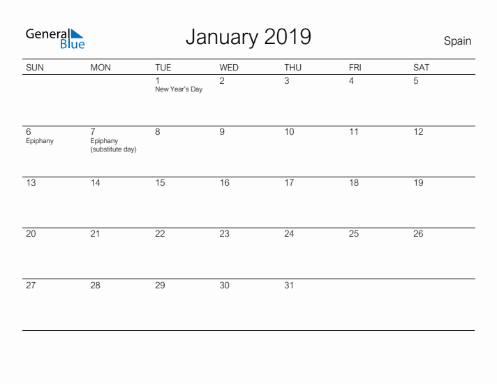 Printable January 2019 Calendar for Spain