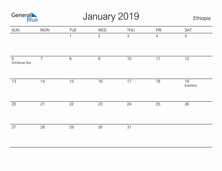 Printable January 2019 Calendar for Ethiopia