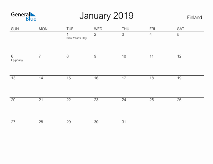 Printable January 2019 Calendar for Finland