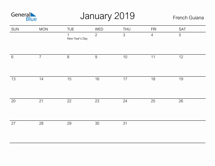 Printable January 2019 Calendar for French Guiana