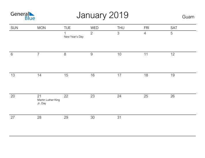 Printable January 2019 Calendar for Guam