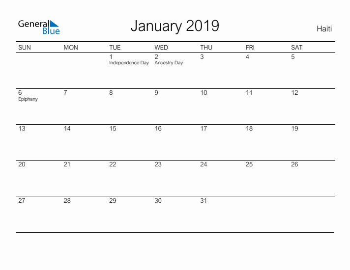 Printable January 2019 Calendar for Haiti