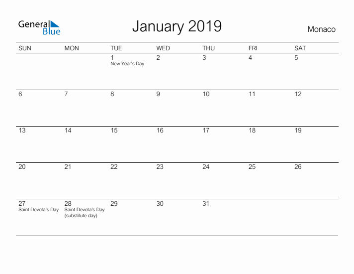 Printable January 2019 Calendar for Monaco